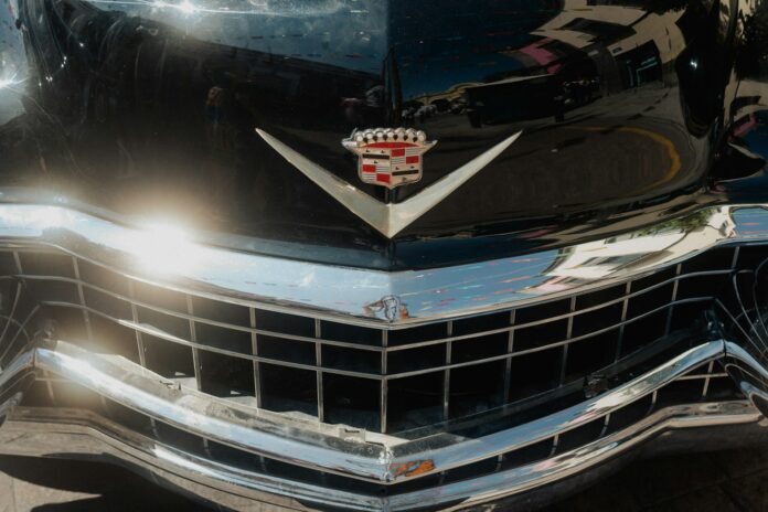 A close up of the front of a classic car